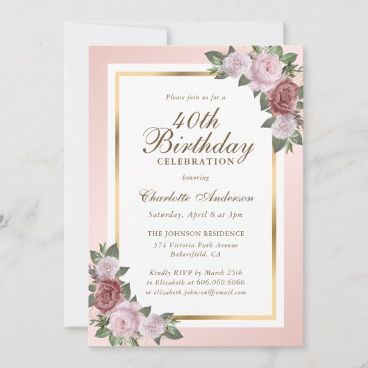 Blush Pink Gold Floral 40e anniversaire Invitation (Devant)