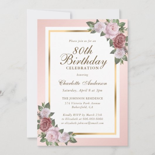 Blush Pink Gold Floral 80e anniversaire Invitation (Devant)