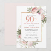 Blush Pink Gold Floral 90th Birthday Party Kaart (Voorkant / Achterkant)