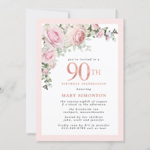 Blush Pink Gold Floral 90th Birthday Party Kaart