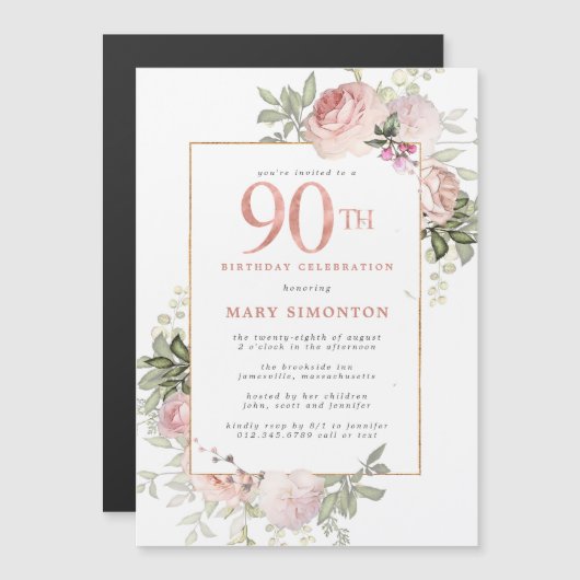 Blush Pink Gold Floral 90th Birthday Party Magnetische Uitnodiging (Voorkant / Achterkant)