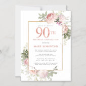 Blush Pink Gold Floral 90th Birthday Party Magnetische Uitnodiging (Voorkant)