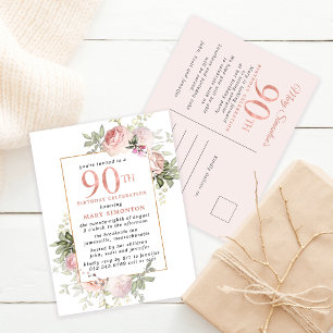 Blush Pink Gold Floral 90th Birthday Party Uitnodiging Briefkaart