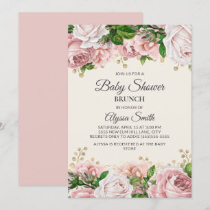 Blush Pink Gold Floral Baby shower Brunch Kaart