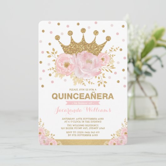 Blush Pink Gold Floral Crown Princess Quinceañera Kaart (Staand voorkant)