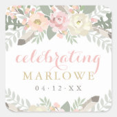 Blush Pink Gold Floral Custom Weddenbruin Name Vierkante Sticker (Voorkant)