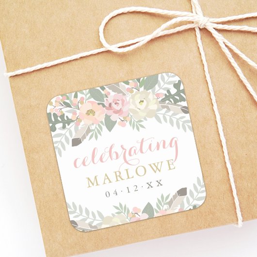 Blush Pink Gold Floral Custom Weddenbruin Name Vierkante Sticker