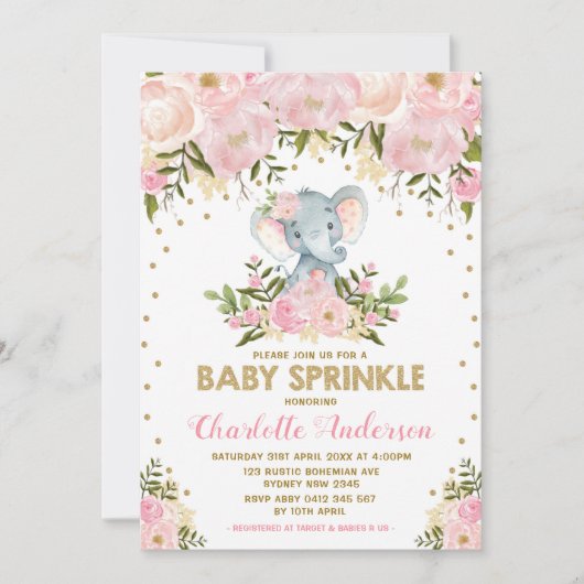 Blush Pink Gold Floral Elephant Girl Baby Sprinkle Kaart (Voorkant)