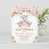 Blush Pink Gold Floral Elephant Girl Baby Sprinkle Kaart (Staand voorkant)
