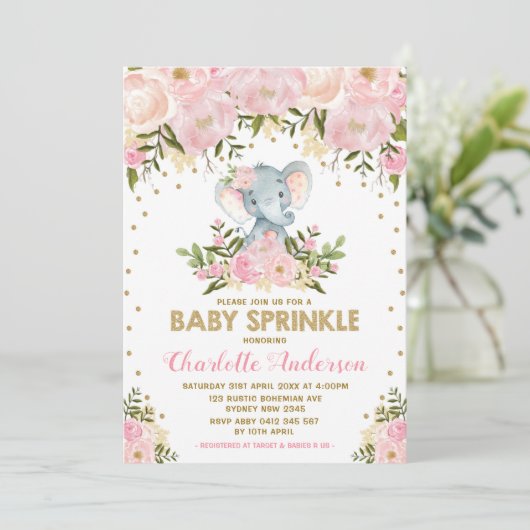 Blush Pink Gold Floral Elephant Girl Baby Sprinkle Kaart (Staand voorkant)