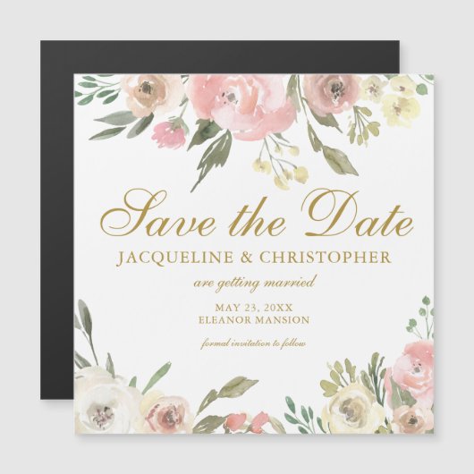 Blush Pink Gold Floral Enregistrer la date Carte m (Devant / Derrière)