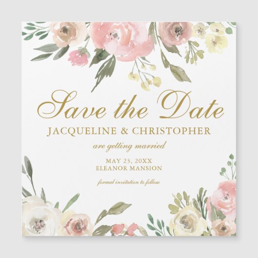 Blush Pink Gold Floral Enregistrer la date Carte m (Devant)