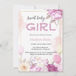 Blush pink gold Floral Girl baby shower Kaart