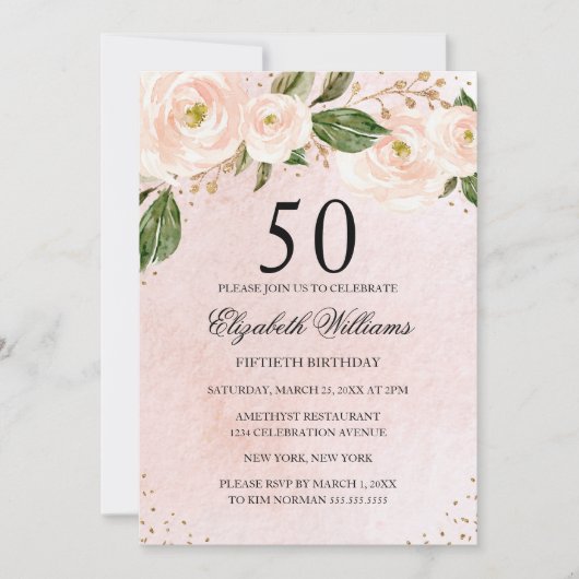 Blush Pink Gold Floral Invitation 50e anniversaire (Devant)
