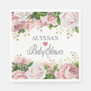 Blush Pink Gold Floral Little Girl Baby shower Servet