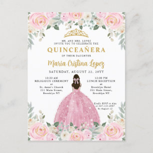 Blush Pink Gold Floral Princess Quinceañera Briefkaart