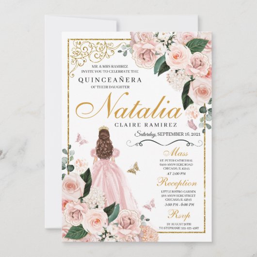 Blush Pink Gold Floral Prinses Quinceanera Kaart (Voorkant)