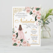 Blush Pink Gold Floral Prinses Quinceanera Kaart (Staand voorkant)