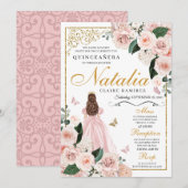 Blush Pink Gold Floral Prinses Quinceanera Kaart (Voorkant / Achterkant)