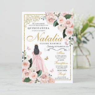 Blush Pink Gold Floral Prinses Quinceanera Kaart