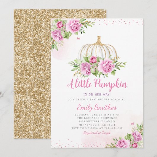 Blush Pink Gold Floral Pumpkin Girl Baby shower Kaart (Voorkant / Achterkant)