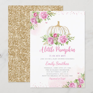 Blush Pink Gold Floral Pumpkin Girl Baby shower Kaart