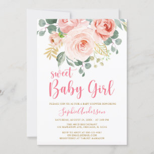 Blush Pink Gold Floral Sweet Baby Girl Baby shower Kaart