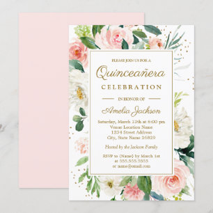 Blush Pink Gold Floral Waterverf Quinceanera Kaart