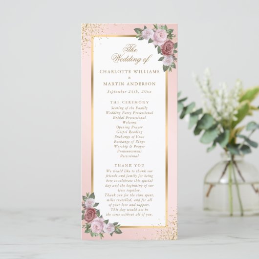 Blush Pink Gold Floral Wedding Programma (Staand voorkant)