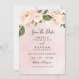 Blush Pink Gold Floral Wedding Save the Date Kaart