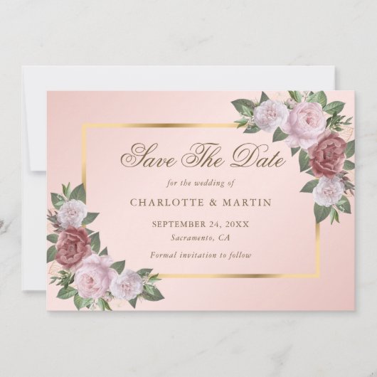 Blush Pink Gold Floral Wedding Save The Date Kaart (Voorkant)
