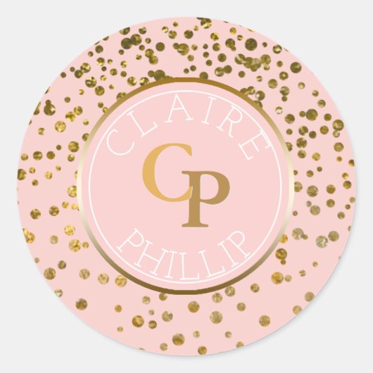 Blush Pink Gold Foil Confetti | Monogram bruiloft Ronde Sticker (Voorkant)