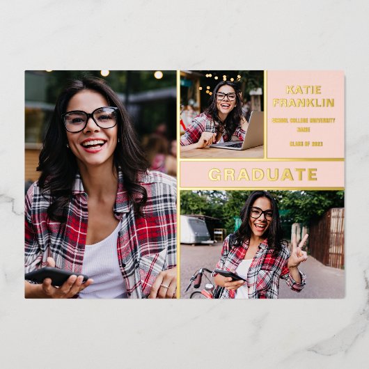 Blush Pink Gold Foil Faire-part de graduation phot (Recto)