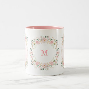 Blush Pink Gold Garden Flowers Wreatmonogram Tweekleurige Koffiemok