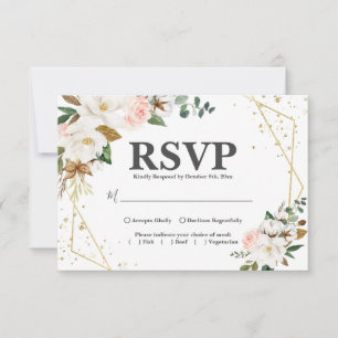 Blush Pink Gold Geometric en White Magnolia Flora RSVP Kaartje