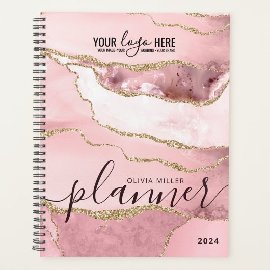 Blush Pink Gold Glitter Agate Business Logo 2024 Planner (Voorkant)