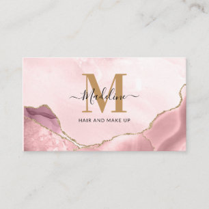 Blush Pink Gold Glitter Agate Marble Monogram Visitekaartje