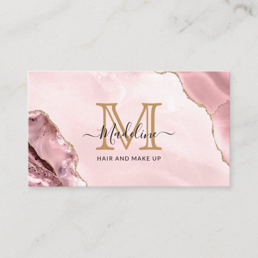 Blush Pink Gold Glitter Agate Marble Monogram Visitekaartje (Voorkant)