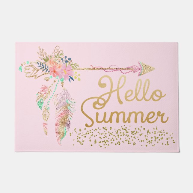 Blush Pink Gold Glitter Boho Feather Hallo Summer Deurmat (Voorkant)