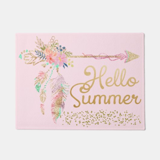 Blush Pink Gold Glitter Boho Feather Hallo Summer Deurmat (Voorkant)