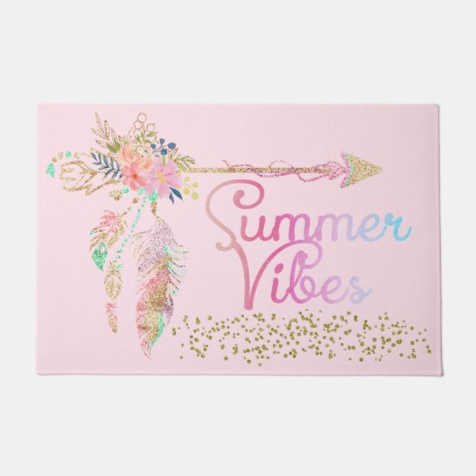 Blush Pink Gold Glitter Boho Feather Summer Vibes Deurmat (Voorkant)