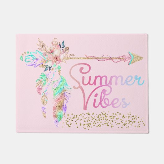 Blush Pink Gold Glitter Boho Feather Summer Vibes Deurmat (Voorkant)
