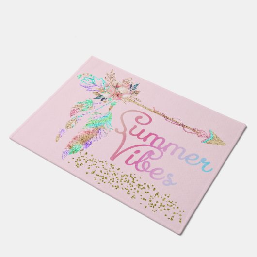 Blush Pink Gold Glitter Boho Feather Summer Vibes Deurmat (Schuin)