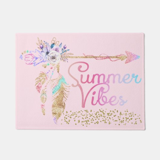 Blush Pink Gold Glitter Boho Feather Summer Vibes Deurmat (Voorkant)