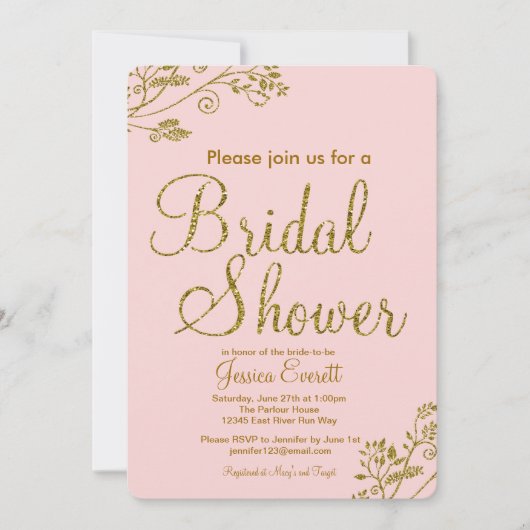 Blush Pink Gold Glitter Bridal douche Uitnodiging (Voorkant)