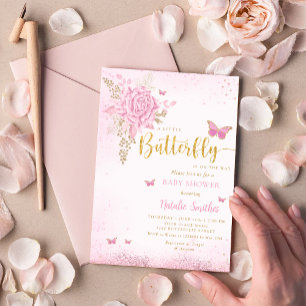 Blush Pink Gold Glitter Butterfly Girl Baby shower Kaart