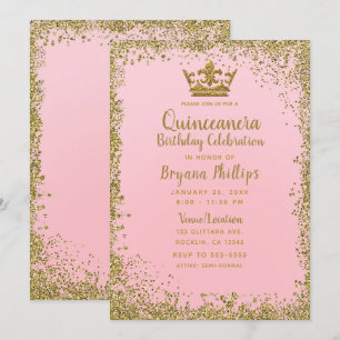 Blush Pink & Gold Glitter Crown Quinceañera 15 Kaart