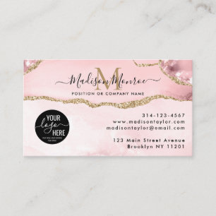 Blush Pink Gold Glitter Custom Logo Agate Monogram Visitekaartje