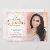 Blush Pink Gold Glitter Foto Quinceañera Kaart (Voorkant)