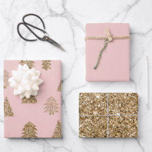 Blush Pink Gold Glitter Glam Kerstbomen Inpakpapier Vel